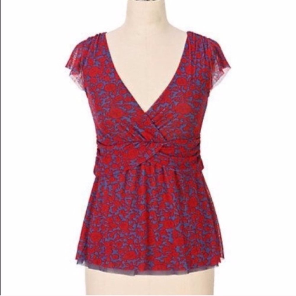 ANTHROPOLOGIE RicRac Swathe Red Blue Printed Top S